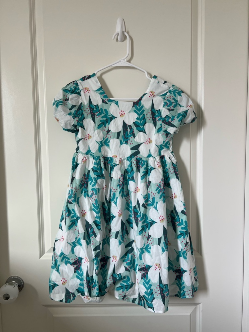 Girls' Floral Cotton Dress in Teal & White - Kids Dress